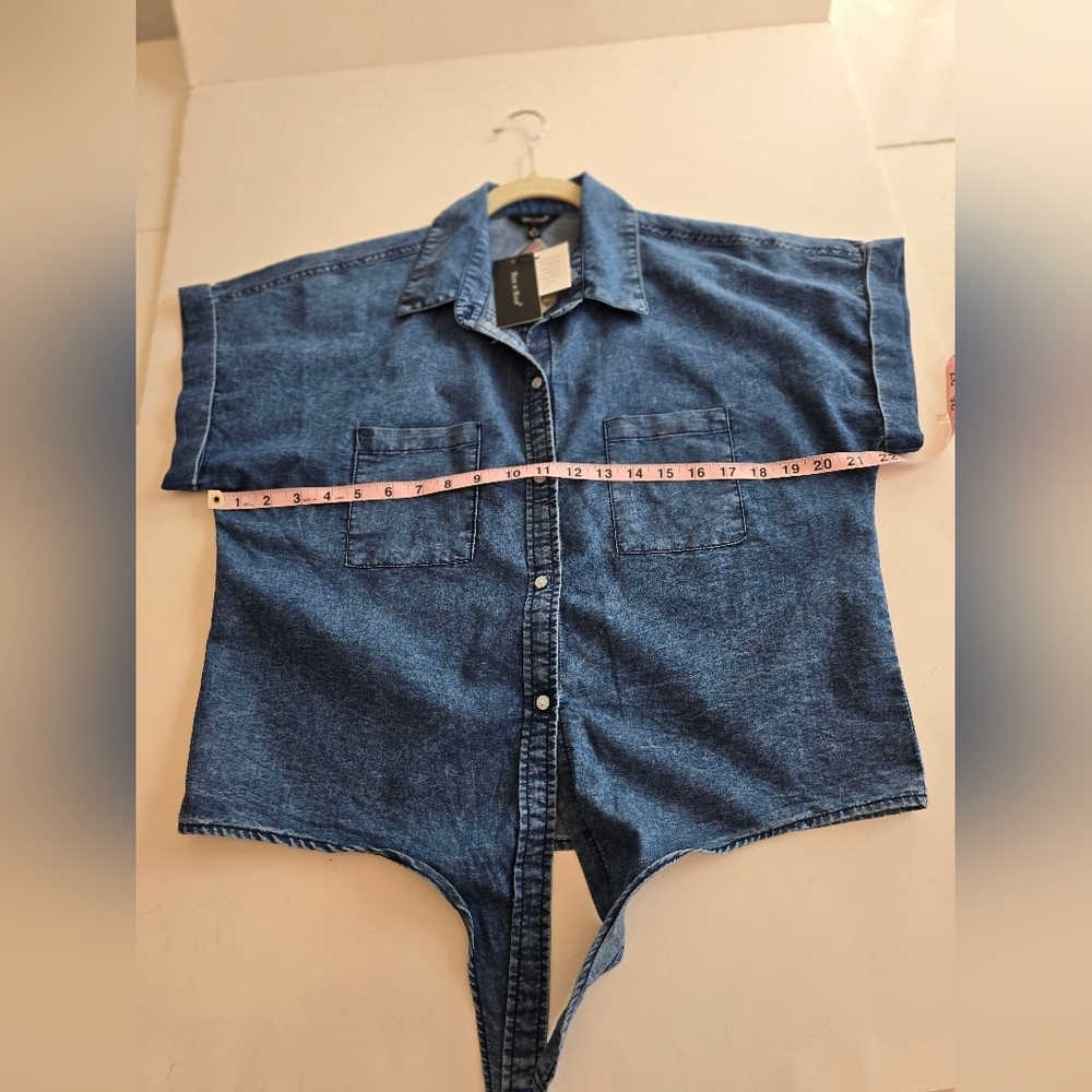 NWT Sim & Sam Tie Front Button Down Denim Blue Acid Wash Top Size XL - Picture 9 of 16